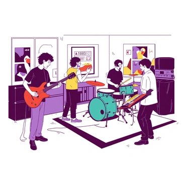 Four musicians are gathered in a spacious rehearsal room filled with various instruments. One musician is playing an electric guitar with a shiny red finish, standing confidently while facing the others. Another member is seated at a teal drum set, energetically playing the drums with bright yellow sticks. A third band member is leaning against a white amplifier, holding a microphone and singing passionately. The fourth member is playing a yellow keyboard, keys glimmering under the bright overhead lights. The walls are lined with posters of famous bands, adding to the vibrant atmosphere of creativity and collaboration.