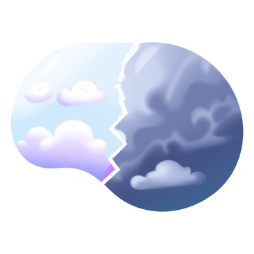 A modern pastel illustration depicting a split sky. On the left side, there are "serene clouds" in soft white and light blue hues, gently floating across a clear background. On the right side, "stormy clouds" appear in dark gray and deep blue tones, swirling menacingly against a contrasting backdrop. The two halves of the sky meet seamlessly at the center, showcasing the stark difference between calmness and turbulence.