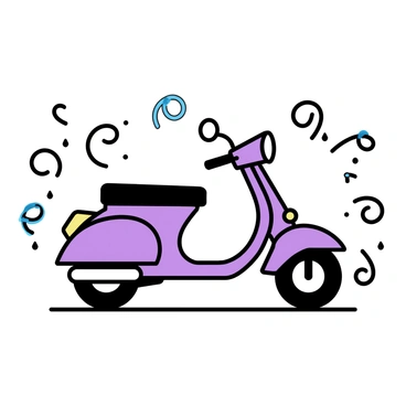 An artistic mural featuring a large purple moped surrounded by abstract patterns