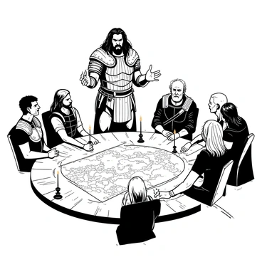 A tall man with long dark hair and a rugged appearance stands at the center of a circular wooden table, passionately addressing a group of seated individuals. He is wearing a detailed armor adorned with intricate designs. His facial expression conveys intensity and determination as he gestures with his right hand for emphasis. Around the table, various characters listen attentively, some with furrowed brows and solemn expressions. Dim light from torches flickers across the room, casting shadows that enhance the atmosphere of the council meeting. A large map laid out on the table is partially visible, hinting at a strategic discussion about an upcoming conflict.