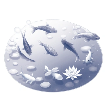 A tranquil pond setting features several koi fish and goldfish swimming together. The koi fish have intricate patterns and large fins, gliding gracefully through the water. The goldfish are smaller with rounded bodies, darting playfully around the koi. Water lilies with broad leaves float on the surface, and ripples in the water highlight the gentle movement of the fish. Sunlight filtering through the leaves creates dappled light patterns on the pond floor.