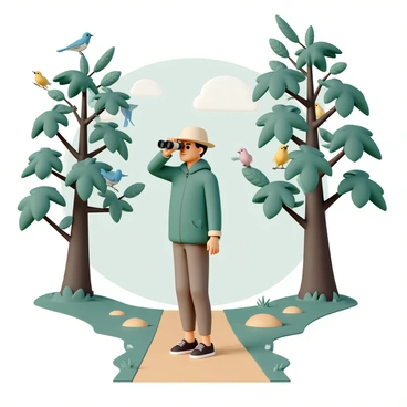 A birdwatcher, wearing a green jacket, brown pants, and a beige hat, is standing on a forest path. He is holding a pair of binoculars up to his eyes, focused on the treetops. Surrounding him are tall trees with vibrant green leaves and patches of sunlight filtering through the branches. Various birds, in different colors and sizes, are perched on the branches, some chirping and flapping their wings. The birdwatcher's expression shows concentration and excitement as he listens to the calls of the birds around him.