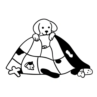 A beagle with floppy ears is peeking out from under a patchwork blanket made of various shapes and patterns. The blanket covers the beagle partially, revealing its body and front paws. Surrounding the blanket, there are scattered toys, including a rubber bone and a small stuffed animal. The setting is cozy, with soft textures and a sense of warmth. The beagle's posture suggests curiosity as it gazes out from its cozy hiding spot.