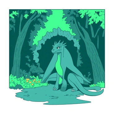 A teal mythical creature, resembling a dragon with shimmering scales, is standing guard at the entrance of an ancient forest. The creature has large, majestic wings folded against its body and piercing blue eyes that survey the surroundings. Lush green trees with thick trunks frame the entrance, their leaves forming a dense canopy overhead. The forest path is lined with vibrant yellow flowers that contrast against the dark earth, leading into the mysterious depths of the woods.
