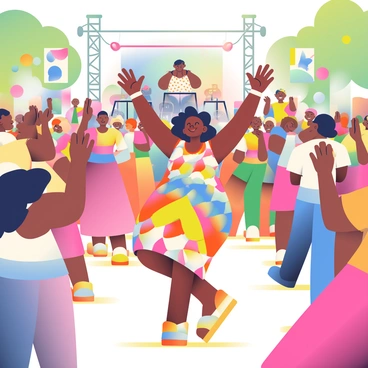 A black woman with curly, shoulder-length hair is in the center of a lively crowd at a summer music festival. She is wearing a vibrant, patterned sundress with bright colors that reflect the festive atmosphere. Her arms are raised, and she is dancing joyfully, surrounded by other festival-goers who are also dancing and enjoying the music. In the background, there are colorful banners and a stage with musicians performing, while people are smiling and clapping their hands. The bright sunlight casts a warm glow over the scene, enhancing the cheerful vibe of the festival.