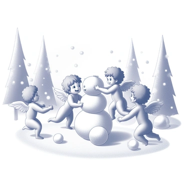 Several cherubs are engaged in building a snowman in a snowy landscape. The cherubs, with delicate wings, are joyful and playful, surrounded by snow-covered trees and a serene winter wonderland. One cherub is rolling a large snowball to shape the snowman's base, while another cherub is adding a smaller snowball on top for the head. Snowflakes gently fall from the sky, adding to the winter scene. Some cherubs are throwing snowballs playfully at each other, their expressions full of delight. The ground is blanketed in thick, white snow, and the atmosphere is lively with their cheerful activities.