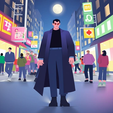 A figure representing Lucifer stands confidently on a bustling city street at night. The character has striking features, including sharp cheekbones and glowing red eyes. They are wearing a long, dark coat that flows elegantly around them, and a fitted black shirt underneath. The city is illuminated by vibrant neon lights from various storefronts and advertisements. Surrounding the figure, people are walking hurriedly, some glancing curiously at them. The street is lined with tall buildings, and a soft mist rises from the pavement, reflecting the colorful lights above. A full moon is visible in the night sky, casting a gentle glow over the scene.