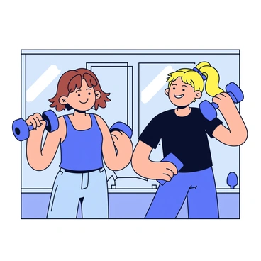 Two friends are standing side by side in a gym, each holding a dumbbell in one hand. They are performing lateral raises, lifting the weights out to the sides. One friend has short brown hair and is wearing a blue tank top, while the other has long blond hair tied back and is dressed in a black t-shirt. Both are smiling and encouraging each other with their expressions. The gym is equipped with exercise equipment in the background, and there are mirrors reflecting their movements.
