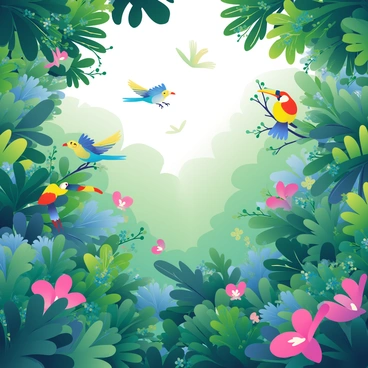 A view from above the rainforest canopy shows a vibrant scene filled with lush, green foliage. The textured leaves create a dense layer of varying shades of green, interspersed with splashes of colorful flowers. Various birds with bright plumage, including yellow, blue, and red species, are seen perched on branches or in flight, their wings spread wide as they soar through the air. The sunlight filters through the leaves, casting dappled shadows on the forest floor below. Small vines and orchids can be seen entwined among the branches, adding to the richness of the environment.