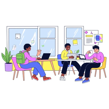 A trendy co-working space with large windows allowing natural light to flood in. Several freelancers are seated at modern wooden desks, each working on their laptops. One freelancer has a green backpack resting on the chair, and another is sipping from a white coffee cup with a simple design. A potted plant sits on a windowsill, adding a touch of greenery to the space. A large bulletin board on the wall features colorful notes and sketches. Each person is focused on their work, creating a bustling yet organized atmosphere.
