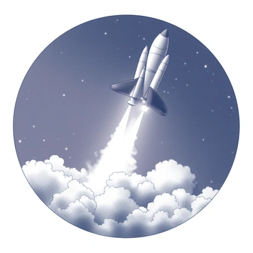 A spacecraft is ascending into the sky, positioned within the thermosphere. The spacecraft is sleek and futuristic in design, with a pointed nose cone and sturdy fins. As it launches, it emits a powerful stream of flames and smoke from its engines, creating a dynamic trail behind it. The flames are fierce and billowing, while the smoke forms swirling patterns in the atmosphere. The background features a vast expanse of the dark sky, dotted with stars, indicating the altitude of the spacecraft's journey.