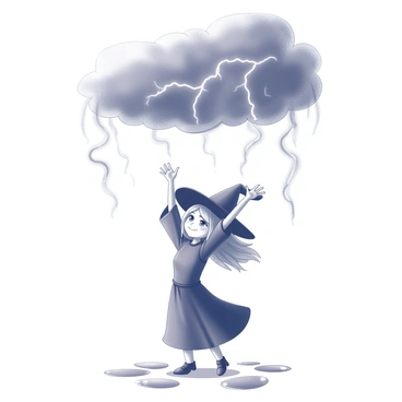 A small witch stands with her arms raised, surrounded by a swirling cloud above her head. She has a pointed hat and a flowing dress that flutters in the wind. The cloud is dark and dense, with bolts of "lightning" crackling through it. "Rain" begins to fall around her, creating puddles on the ground. The witch's expression is focused, with her eyes fixed on the storm she is conjuring. Her hair is tousled by the gusts of wind, and mystical symbols can be seen glowing at her feet.