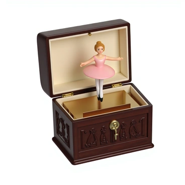 A vintage music box made of polished wood with intricate carvings along its sides. The lid is slightly open, revealing a rotating ballerina dressed in a delicate pink tutu, gracefully pirouetting on top of a small stage. The ballerina has golden hair styled in a neat bun. The visible winding mechanism, made of brass, is located on the side of the box, with a small key inserted into it. The interior of the box features a soft, pastel-colored velvet lining that contrasts with the dark wood exterior.