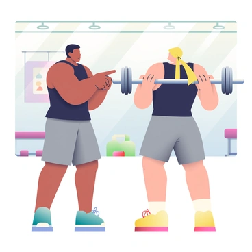 A personal trainer with medium brown skin and short black hair is standing next to a client in a gym setting. The trainer is wearing a black tank top and gray shorts, demonstrating the correct form for barbell curls. The client, with light skin and long blonde hair tied in a ponytail, is standing with feet shoulder-width apart, holding a shiny silver barbell with both hands. The gym has various fitness equipment in the background, including dumbbells and a bench. Bright overhead lights illuminate the space, creating a vibrant atmosphere. The trainer is pointing towards the client's arms, providing guidance on the movement.