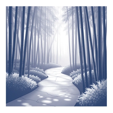 A winding path runs through a tall, dense bamboo grove. The bamboo stalks tower above, creating a canopy that filters sunlight into gentle patterns on the ground. The pathway is bordered by rich foliage, with some ferns and small plants peeking through the dense undergrowth. The scene is peaceful, inviting a sense of tranquility as it leads further into the green depths of the grove.