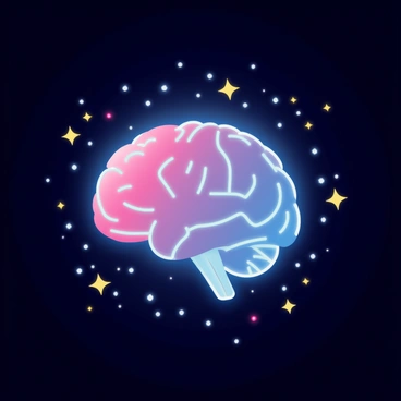 A glowing neon brain floating in a dark galaxy with twinkling stars