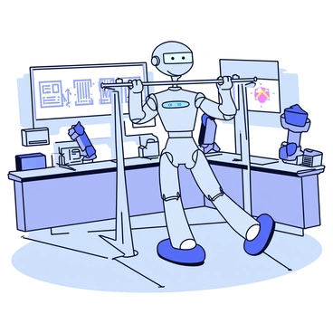 A humanoid robot is performing pull-ups on a metallic pull-up bar. The robot has a sleek, silver body with articulated joints and glowing blue lights on its chest. In the background, there are large screens displaying data and technical schematics. The laboratory features numerous high-tech gadgets, including robotic arms and various devices on sleek countertops. The floor is made of polished gray tiles, reflecting the bright overhead lights.