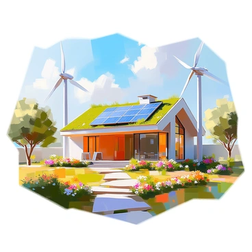 An eco-friendly house designed with a modern aesthetic, featuring large windows and a green roof covered in plants. Surrounding the house are several wind turbines with sleek designs, spinning gently in the breeze. Solar panels are installed on the roof, capturing sunlight. Lush greenery and flowering plants are present in the yard, enhancing the natural setting. A pathway leads to the front door, lined with small stones and bordered by vibrant flowers. The sky above is blue with a few fluffy white clouds.