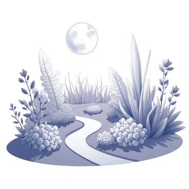 A garden filled with various plants and flowers. The moon hangs low in the sky, casting soft light across the scene. The leaves and petals of the plants display intricate patterns that resemble delicate designs. The garden is adorned with winding paths, leading through clusters of vibrant flora, each plant unique in shape and texture. Shadows gently dance on the ground, creating a sense of depth and dimension in the moonlit atmosphere.