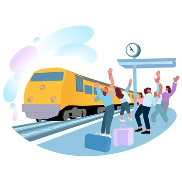 A train station bustling with activity features a large yellow train on the tracks. A group of people is gathered on the platform, waving with arms raised as they watch someone boarding the train. The individuals on the platform are wearing a variety of clothing, including coats and scarves. In the background, a vintage clock hangs above, showing the time. The scene captures a sense of movement, with some people leaning slightly forward as they wave. Luggage and bags are placed on the platform, adding to the atmosphere. A subtle blur around the edges indicates a sense of urgency in the moment.