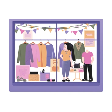 A shop window display featuring a variety of "eye-catching" brand merchandise arranged strategically. The window is filled with vibrant clothing items hanging on colorful hangers, showcasing a mix of patterns and textures. There are decorative items like "brightly colored" posters and "stylish" mannequins dressed in the latest trends. Some accessories, such as "shiny" bags and "trendy" shoes, are placed on small tables in front of the window. The background includes "festive" decorations with string lights and colorful banners that enhance the inviting atmosphere of the shop.