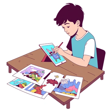 A young person is focused on designing a video game character on a white tablet. The youth, with short hair and wearing casual clothing, is using a stylus to create details on the character displayed on the screen. Surrounding the youth, there are colorful sketches scattered across a wooden table, featuring various character designs, creatures, and landscapes. The sketches are vibrant, showcasing a range of colors and illustrations capturing the essence of different game themes. The room is well-lit, highlighting the creative atmosphere.