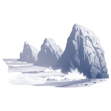 An ancient coastline featuring rugged, towering rocky cliffs. The cliffs rise steeply from the ocean, with visible textures and crevices formed by erosion over time. Below, waves crash powerfully against the base of the cliffs, creating a white foam that contrasts with the surrounding rocks. The sandy beach stretches out in front of the cliffs, with scattered pebbles and shells visible in the sand. The scene conveys a sense of timelessness and natural beauty, illustrating the interaction between land and sea.