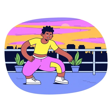 A person with a determined expression is performing squats on a rooftop terrace. The individual is wearing a fitted workout outfit in bright colors, showcasing a strong physique. The terrace is adorned with potted plants and has a sleek railing. In the background, the sky is filled with vibrant shades of orange, pink, and purple as the sun sets. The silhouette of distant buildings can be seen against the colorful sky.