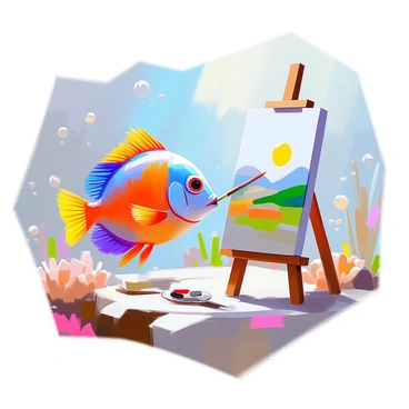 A colorful fish with vibrant scales in shades of blue, orange, and green is using a small paintbrush to create a landscape on a canvas. The canvas is positioned on an underwater easel made of coral. The fish is focused on painting rolling hills under a bright sun, depicted in the artwork. Surrounding the fish are various underwater plants and soft bubbles rising toward the surface, adding to the underwater ambiance.