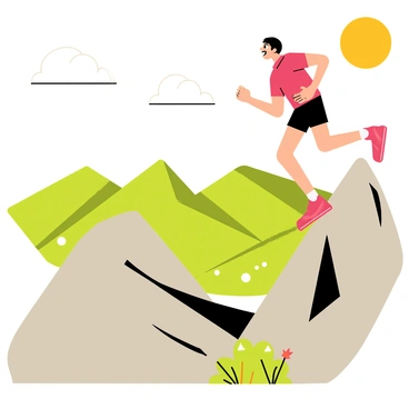 A runner wearing a bright red shirt and black shorts is reaching the peak of a rocky mountain. The runner has a determined expression on their face, with sweat glistening on their forehead. Below, expansive green valleys stretch out, dotted with patches of trees and wildflowers. White fluffy clouds float gently in the sky, casting soft shadows on the landscape below. The sun is shining brightly, illuminating the scene with warm golden light.