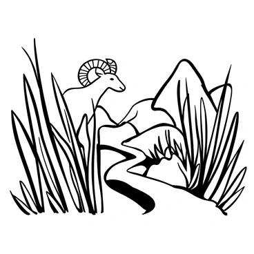 A bighorn sheep partially hidden among tall grasses, with its curved horns visible above the foliage. The sheep is positioned on a narrow mountain path, surrounded by rugged terrain and rocky outcrops. The grasses sway gently, creating a natural frame for the sheep, emphasizing its camouflaged presence in the wilderness. The mountain path winds into the distance, hinting at the untamed landscape beyond.