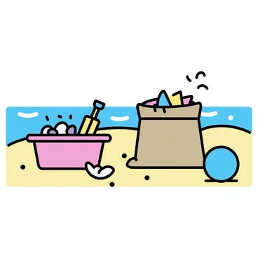 A beach scene with a sack full of seashells and beach toys next to a sandy shore.