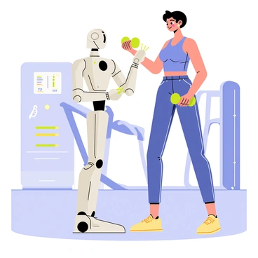 A tall, sleek robot with metallic silver arms is assisting a person in performing a lateral raise exercise. The person, wearing a bright blue workout outfit, stands with their feet shoulder-width apart, holding a small dumbbell in each hand. The robot's arm is slightly raised, supporting the person's elbow to ensure proper form. In the background, there are futuristic gym equipment with glowing neon accents, and large digital screens displaying workout metrics. The floor has a smooth, reflective surface that enhances the advanced technology atmosphere.