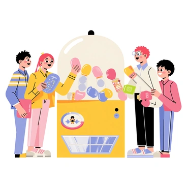 A group of four friends, consisting of two girls and two boys, are gathered around a colorful gacha machine. The gacha machine is bright with a transparent dome revealing various shiny capsules inside. Each friend has an open capsule in their hands, displaying an array of small toys and collectibles. Their faces are filled with excitement and anticipation as they discuss their finds. One girl with red hair is holding a capsule with a sparkling figure, while a boy with glasses shows off a rare collectible. The scene conveys a sense of joy and camaraderie among the friends as they enjoy their time together.