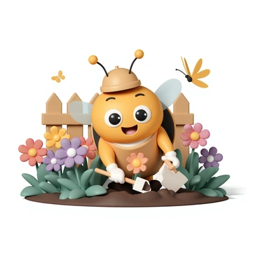 A cute bee mascot, with big round eyes and a cheerful smile, is wearing a small gardener's hat and an apron. The bee is holding a small trowel in one hand and carefully planting a vibrant flower in the soil. Surrounding the bee is a colorful community garden filled with diverse flowers in various colors such as red, yellow, and purple. The garden has green leafy plants and a wooden fence in the background. A few butterflies are fluttering around the flowers, adding to the lively atmosphere of the scene.