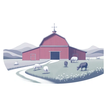 A countryside farm scene with a large red barn prominently positioned in the background. The barn features a classic design with sliding doors and a weather vane on top. In the foreground, there are several animals grazing in the green fields, including a group of cows and a few sheep scattered across the landscape. The fields are dotted with patches of wildflowers, and a dirt path leads from the barn towards the horizon, where rolling hills are visible in the distance. A clear sky overhead completes the tranquil rural setting.