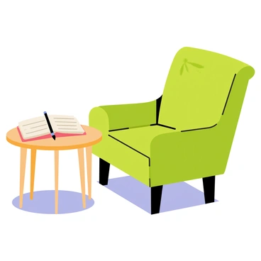 A plush fauteuil upholstered in deep green fabric sits beside a small round wooden table. The table has a light oak finish, displaying an open journal with blank pages and a shiny silver fountain pen resting on top. A warm, inviting light illuminates the scene, casting soft shadows on the floor. A cozy atmosphere surrounds this writing nook, encouraging creativity and reflection.