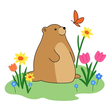 A brown groundhog sitting on a patch of green grass. The groundhog has round ears and a small nose, with its fur looking soft and fluffy. Around the groundhog, there are various blooming flowers in vibrant colors, including yellow daffodils, pink tulips, and blue forget-me-nots. Some flowers are tall, while others are short, creating a lively and colorful scene. The groundhog is looking curiously at a butterfly that flutters nearby among the flowers. The sky above is clear and bright, suggesting a warm spring day.