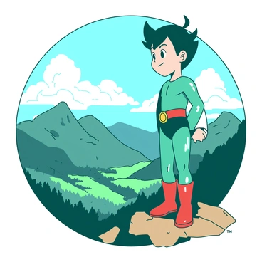 A teal Astro Boy stands confidently on a rocky mountain peak, with his metallic body gleaming in the sunlight. He has a determined expression on his face as he surveys the expansive landscape below. The mountains stretch in the distance, casting shadows across valleys filled with lush greenery. The sky above is a gradient of white and blue, with fluffy clouds drifting lazily. Astro Boy's hair is styled in a classic tuft, and his red boots contrast sharply against the earthy tones of the rocks.