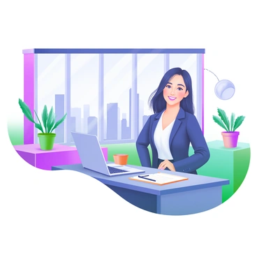 A young entrepreneur standing proudly in a modern office space. The entrepreneur, a woman of Asian descent, has shoulder-length black hair and is dressed in a tailored navy blazer and white blouse. She is smiling confidently as she stands next to a sleek desk with a laptop and some notebooks neatly arranged on it. Behind her, there are large windows with natural light streaming in, showcasing a city skyline. The walls of the office are painted in soft pastels, and there are potted plants adding a touch of greenery to the space.