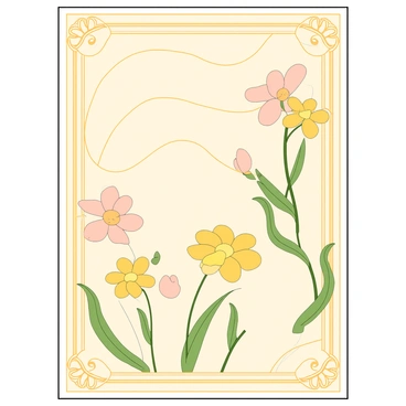A large poster with an elegant design showcasing a variety of primrose flowers in soft shades of yellow and pink. The primrose flowers are arranged in a flowing pattern that creates gentle curves across the poster. The background features flowing lines that intertwine gracefully, enhancing the overall organic feel of the composition. The poster has a decorative border that complements the floral designs, adding an intricate touch. The overall look is harmonious and pleasing, with a focus on the beauty of the primrose flowers.