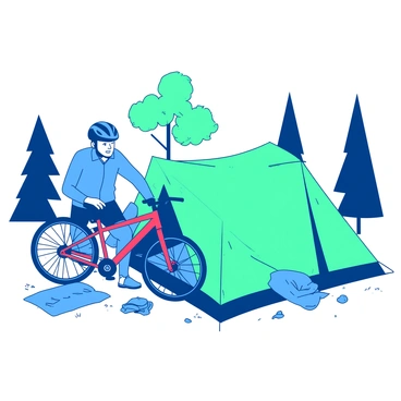 A blue cyclist is kneeling beside a red bike while setting up a green tent at a campsite. The tent is partially erected, with one side still flat on the ground. The cyclist is wearing a helmet, and there are camping supplies scattered around, including a sleeping bag and a small backpack. Trees surround the campsite, providing a natural backdrop, while the ground is covered with grass and small rocks.