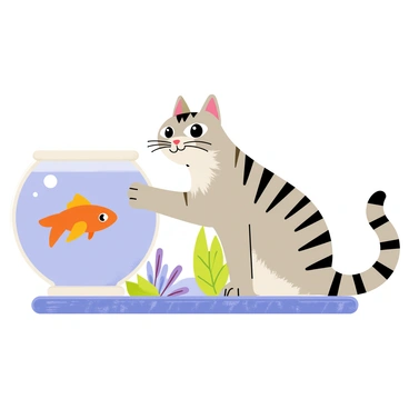 A curious cat with striped gray fur is sitting beside a fishbowl. The cat has its front paw playfully resting inside the bowl, creating ripples in the water. The fishbowl is round and filled with clear water, containing a bright orange goldfish swimming near the surface. The goldfish is looking up at the cat with wide eyes. The background features a colorful patterned mat and some green plants, enhancing the homey atmosphere of the scene.