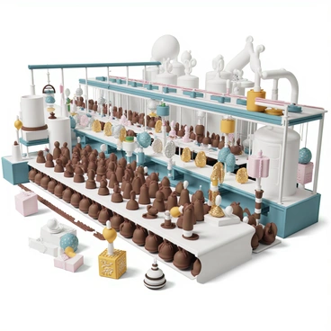 A large chocolate factory filled with various machinery and conveyor belts. The assembly line is busy producing "chocolate bunnies," with molds shaped like bunnies being filled with rich brown chocolate. Workers, wearing white hats and aprons, are skillfully monitoring the process. Some bunnies are being wrapped in colorful foil, showcasing vibrant shades of gold, silver, and pastel colors. In the background, large tanks of melted chocolate are visible, with streams of chocolate flowing into molds. Brightly lit, the factory is bustling with activity, creating an atmosphere of joyful production.