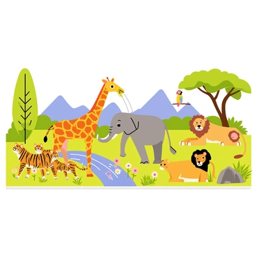 A mural depicting a vibrant scene of various wild animals coexisting harmoniously in nature. In the center, a graceful giraffe stretches its long neck to nibble on the leaves of a tall green tree. To the left, a playful group of orange and black-striped tigers frolics in a sunlit meadow filled with colorful flowers. A family of elephants, with one baby elephant playfully spraying water, stands nearby next to a calm blue river. On the right, a majestic lion rests peacefully under a shaded rock, while a colorful parrot perches above, its bright feathers contrasting against the lush greenery. In the background, mountains rise under a clear blue sky, completing this idyllic scene of wildlife harmony.