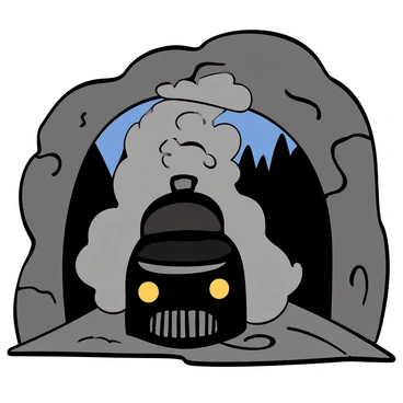 A phantom train with a sleek, dark exterior is emerging from a tunnel. The train is shrouded in thick, swirling mist, creating an eerie atmosphere. The headlights of the train glow faintly, illuminating the surrounding fog. The tunnel entrance is rocky and shadowy, with hints of silhouetted trees in the background. The ground is damp, and the mist rises gently, adding to the mysterious scene.