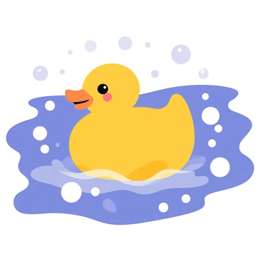 A bright yellow rubber duck is floating serenely on a vivid blue sea filled with numerous white soap bubbles. The bubbles vary in size, some are small while others are large and glistening, reflecting light like tiny rainbows. The rubber duck has a cheerful expression, with big eyes and a small smile. The surface of the water is gently rippled, creating a playful environment around the duck.