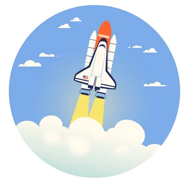 A space shuttle is ascending into the sky, its engines ignited, producing bright orange flames and billowing clouds of smoke. Sparks are flying around the shuttle as it lifts off. The shuttle is detailed with white and gray surface patterns, and the American flag is visible on its side. Above, the sky is a vibrant blue, with small wisps of white clouds scattered throughout, creating a stark contrast against the fiery launch below. The ground beneath is obscured by the smoke, emphasizing the shuttle's powerful ascent.