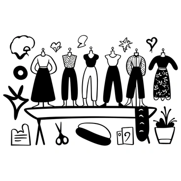 A collection of fashion outfits displayed on a series of mannequins. Each outfit is made from various paper cut-outs, showcasing intricate details like lace patterns and floral designs. Surrounding the mannequins are abstract shapes and textures resembling watercolor splashes, creating a dynamic background. The setting includes a table with tools like scissors and glue, emphasizing the crafting aspect of the illustration. The overall composition is filled with a sense of creativity and artistic flair.