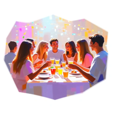 A group of diverse friends is gathered at a lively party, each holding colorful cups filled with punch. They are laughing and enjoying each other's company, capturing the vibrant atmosphere of the celebration. In the background, light decorations enhance the festive setting, and some friends are dancing joyfully, their movements creating a sense of energy and excitement. The scene is filled with bright colors, reflecting the cheerful mood of the gathering.